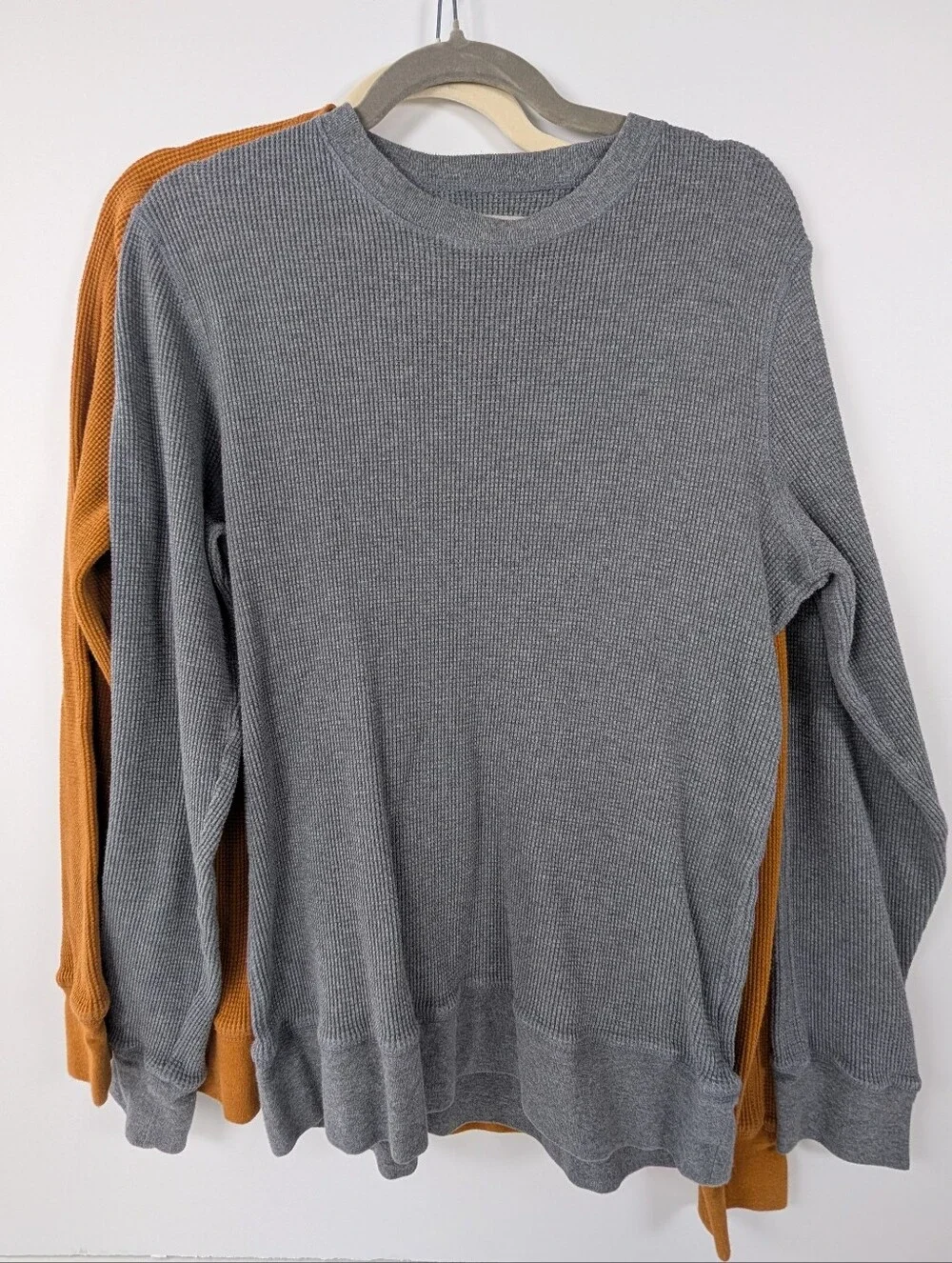 Everlane Waffle Knit Long Sleeve Crewneck Bundle - Heather Gray & Orange - M
